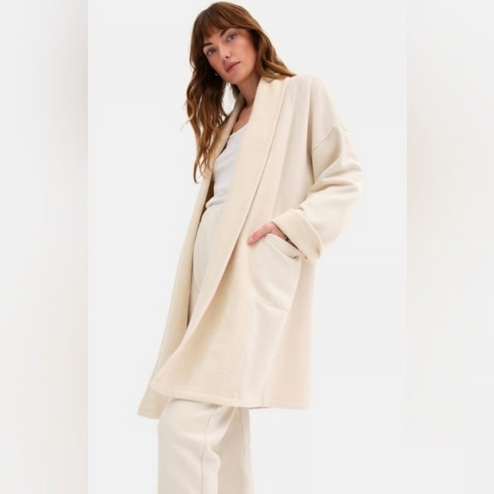 Mate The Label Organic Cotton Fleece Open Front Cardigan in Bone White Size M/L